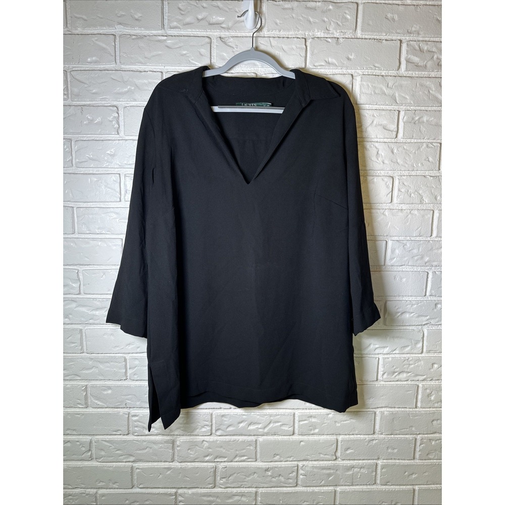 LRL Ralph Lauren Blouse Womens 1X Plus Black Split Neck Long Sleeve Casual